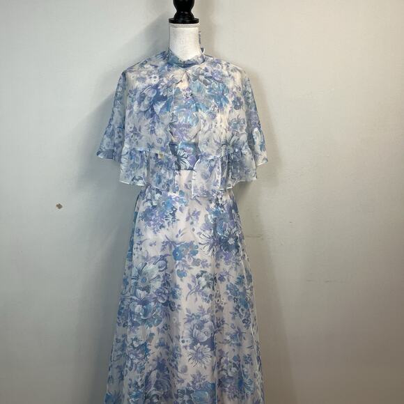 Vintage 70's Lorrie Deb Dress & Cape size 13/14 Blue Floral Bridesmaid Wedding - Picture 2 of 16